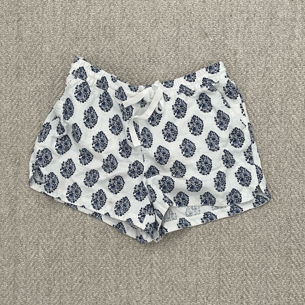 JCrew seaside linen-blend short in blue and white block print